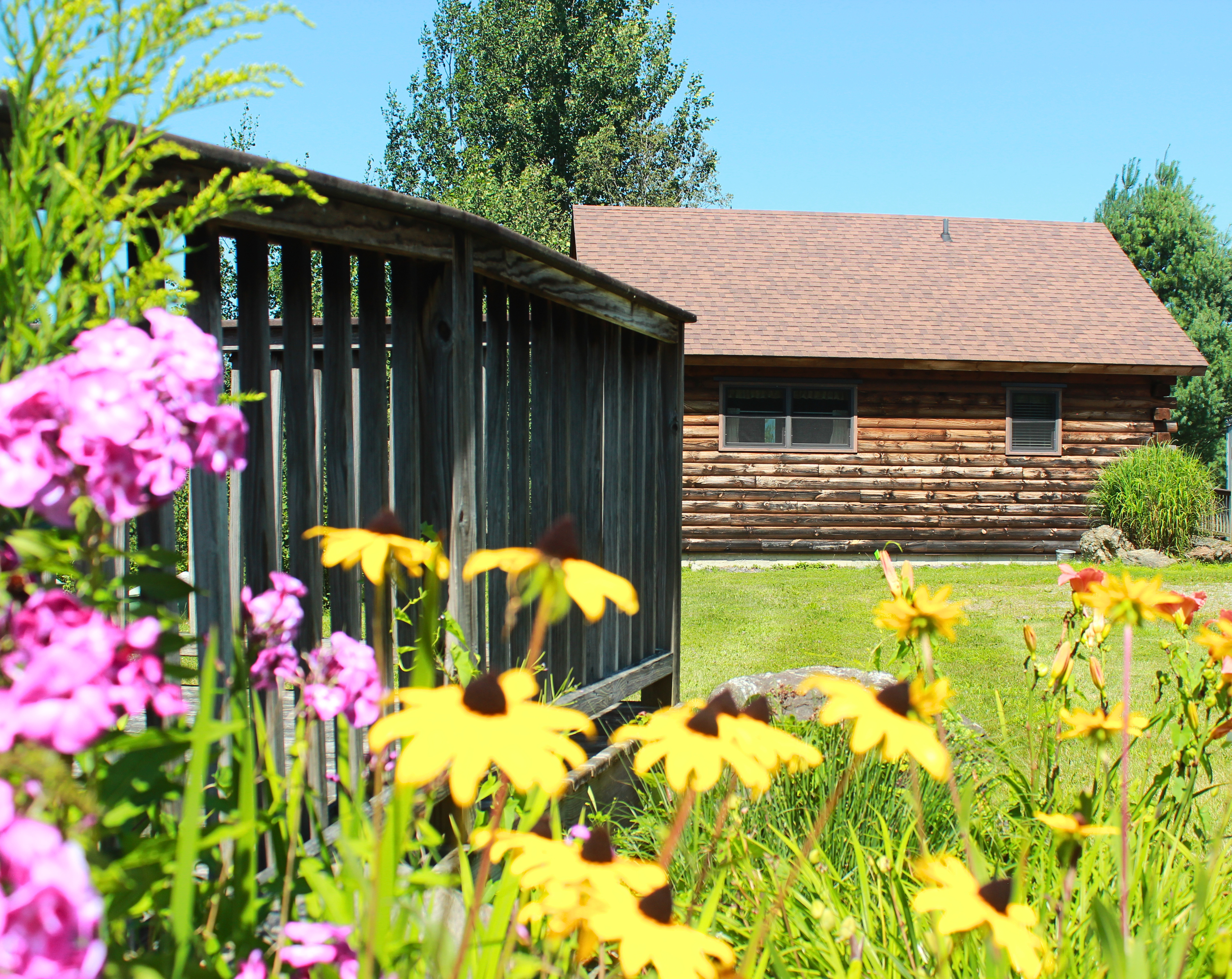 Image of a Muddy Moose cabin surrounded by flowers